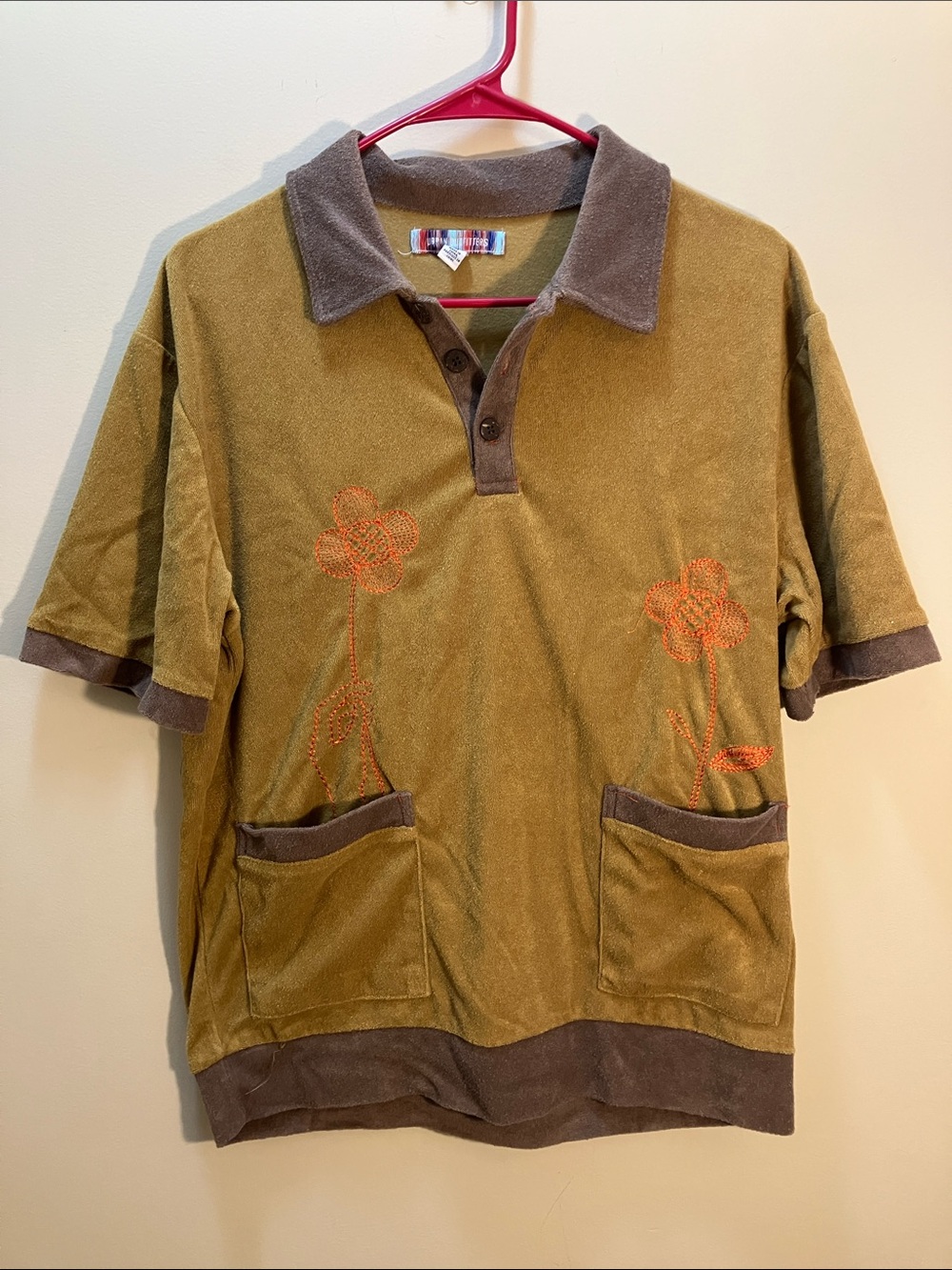 Urban Outfitters Olive Green Polo with Orange Floral Stitching and Brown Trim